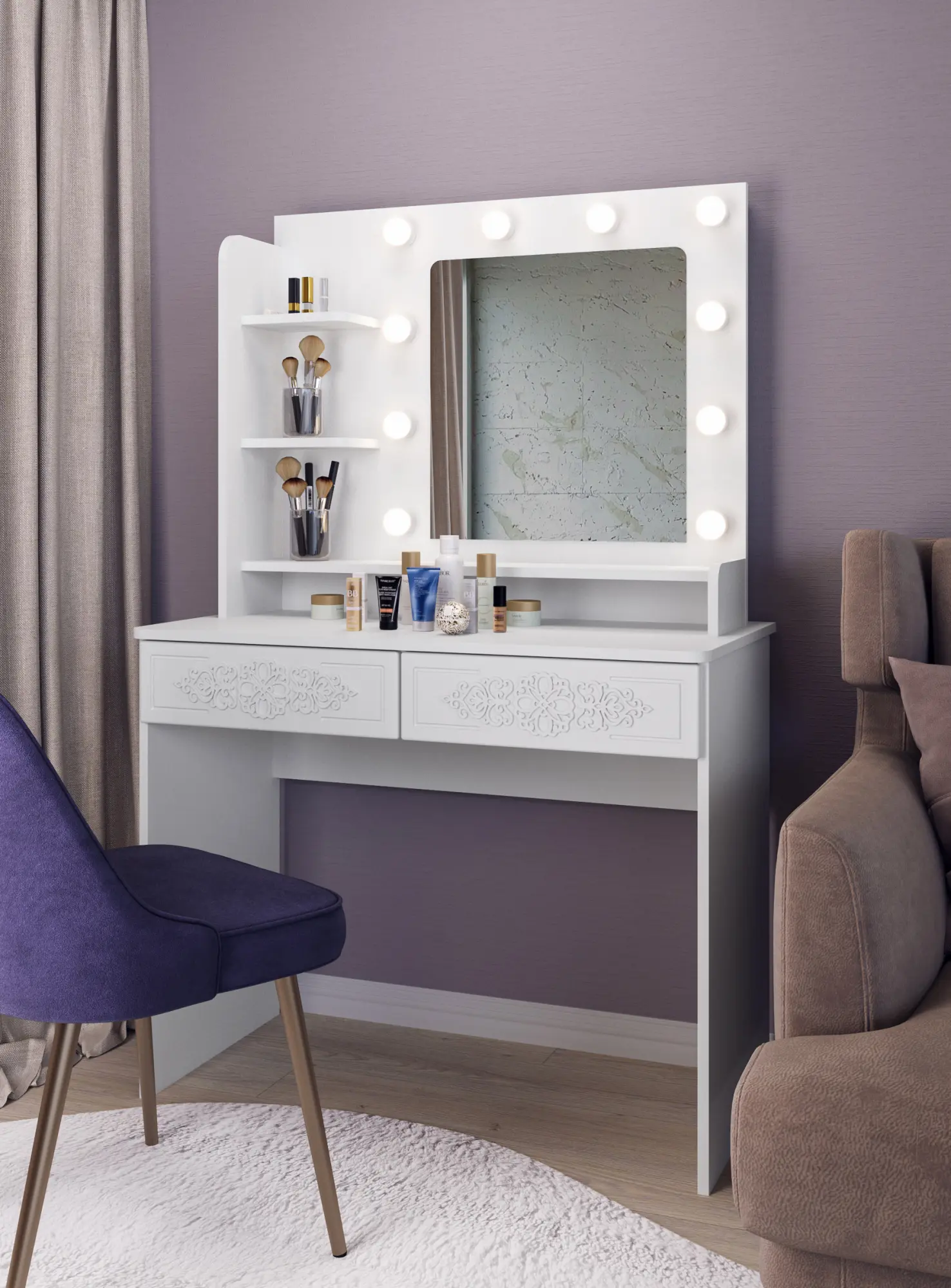 Белый туалетный столик с зеркалом: модель с овальным зеркалом, узкие варианты с поверхностью глянец и позолотой - выбор для современных интерьеров