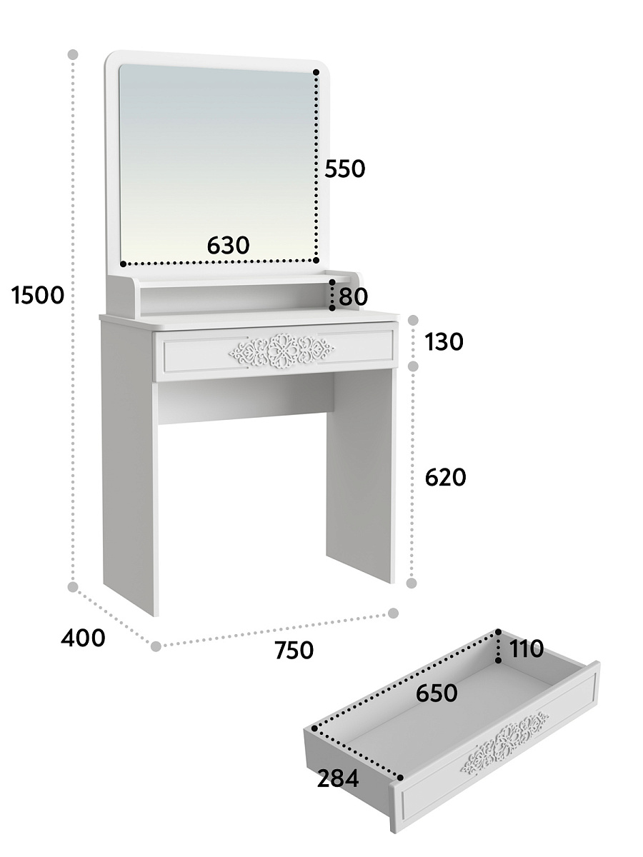 Туалетный столик с зеркалом Ассоль Лайт ТСН-1 белое дерево