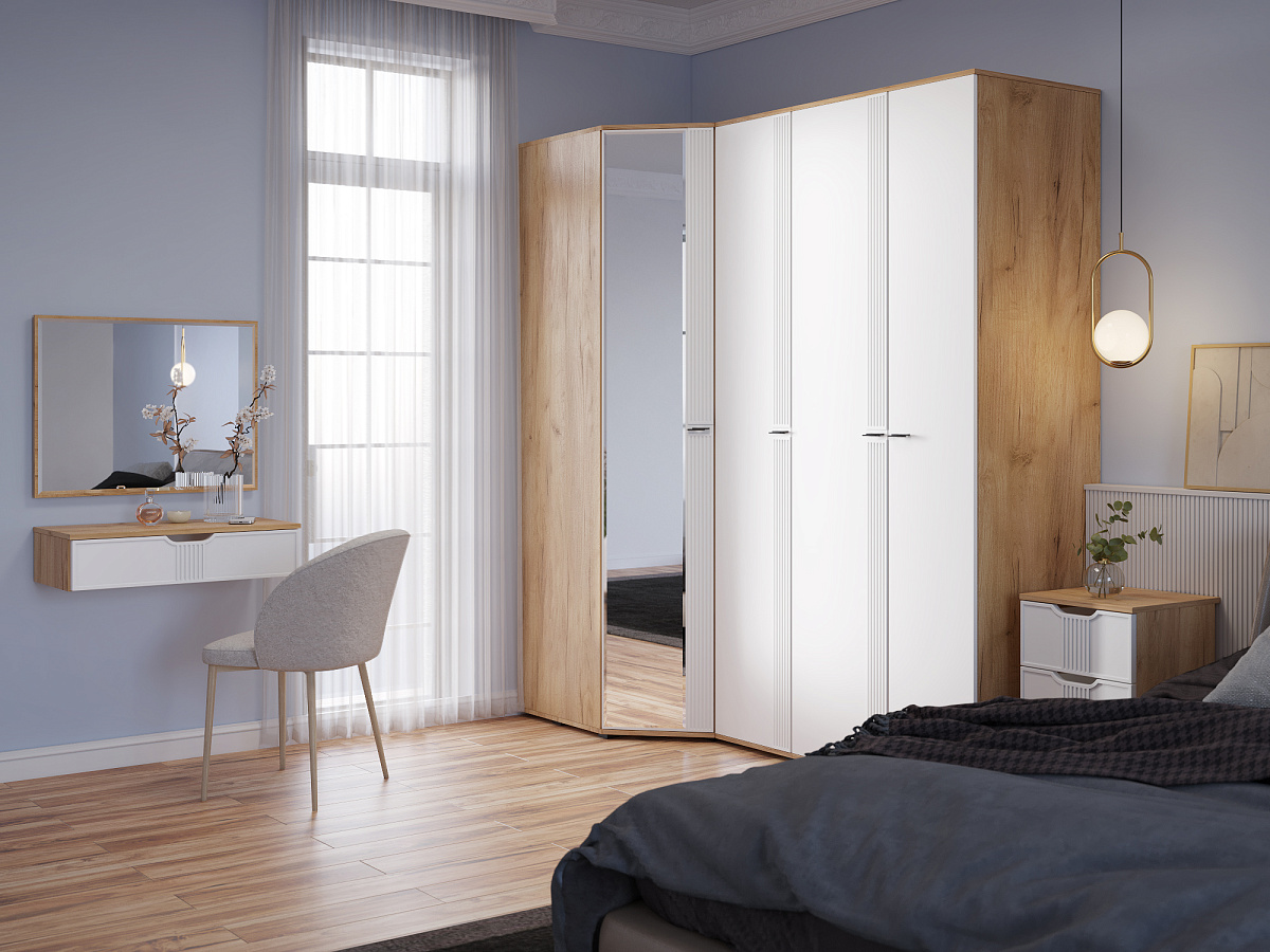 Шкаф угловой Эмилия ЭЛ-17К с зеркалом дуб крафт золотой/меренга