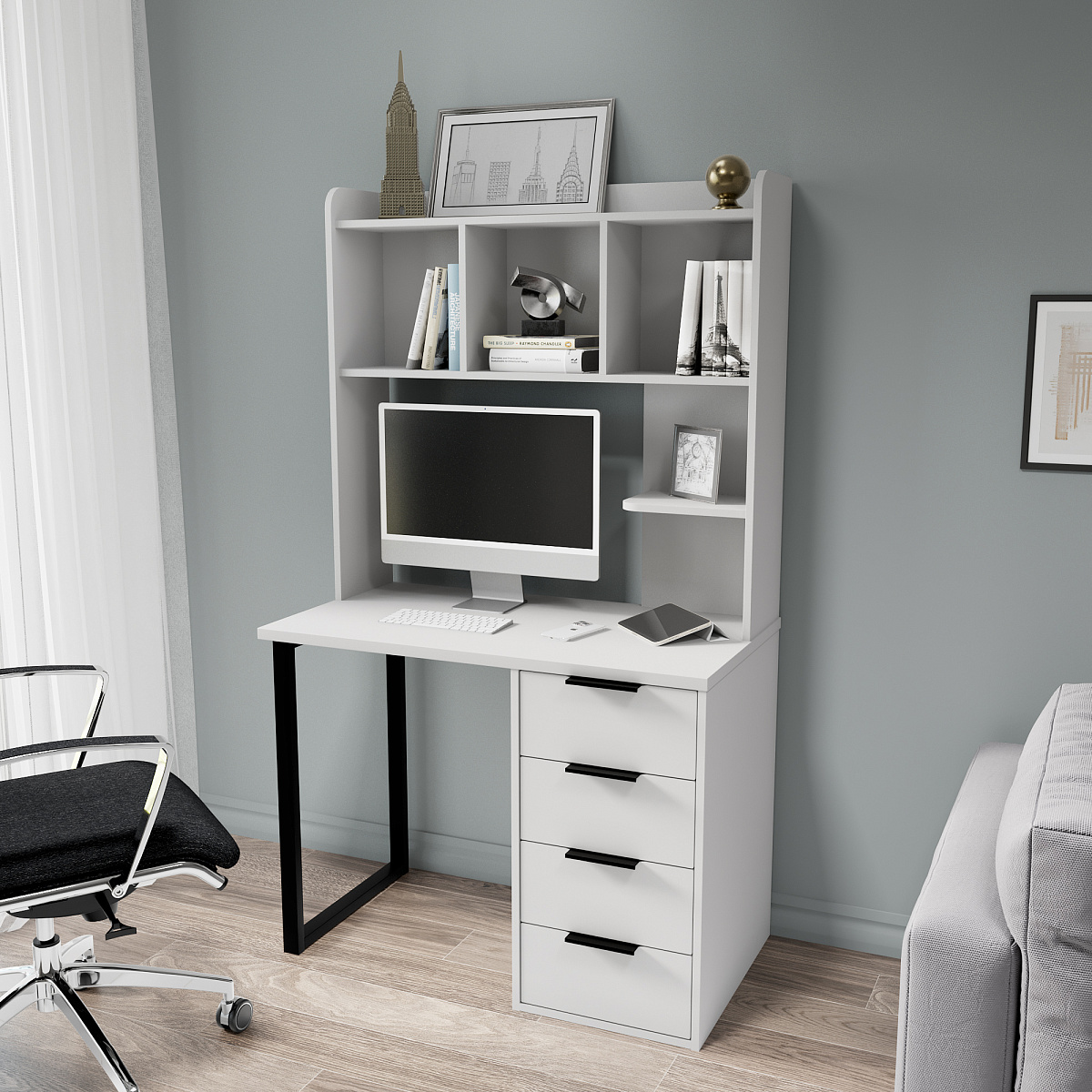 Стол письменный с полкой П-100404 белый структурный/меренга