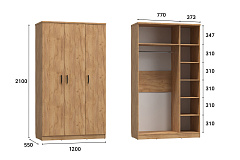 Шкаф трехдверный для одежды Виктория ВИ-9 дуб крафт золотой