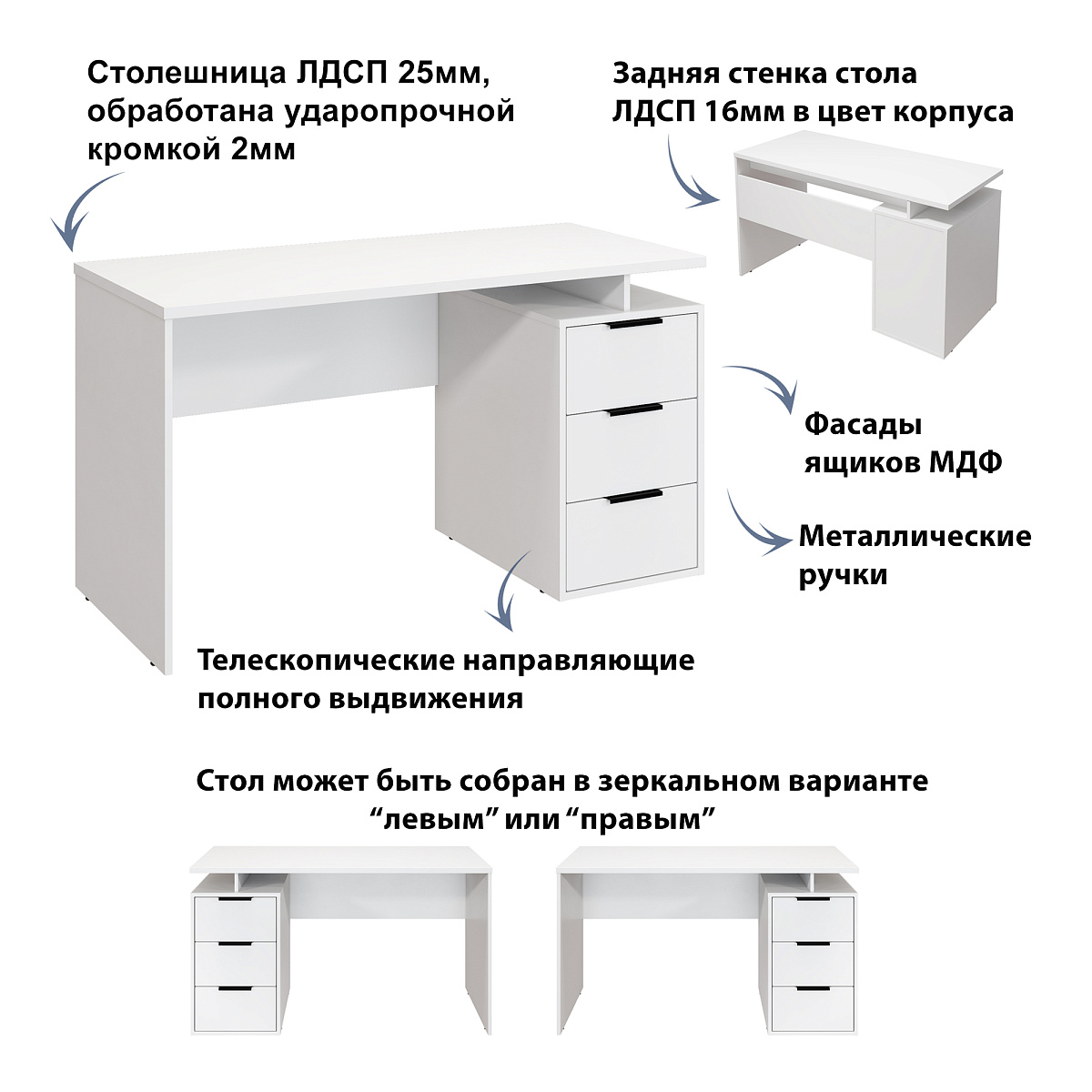 Стол С-407 белый структурный/меренга (1350*600)