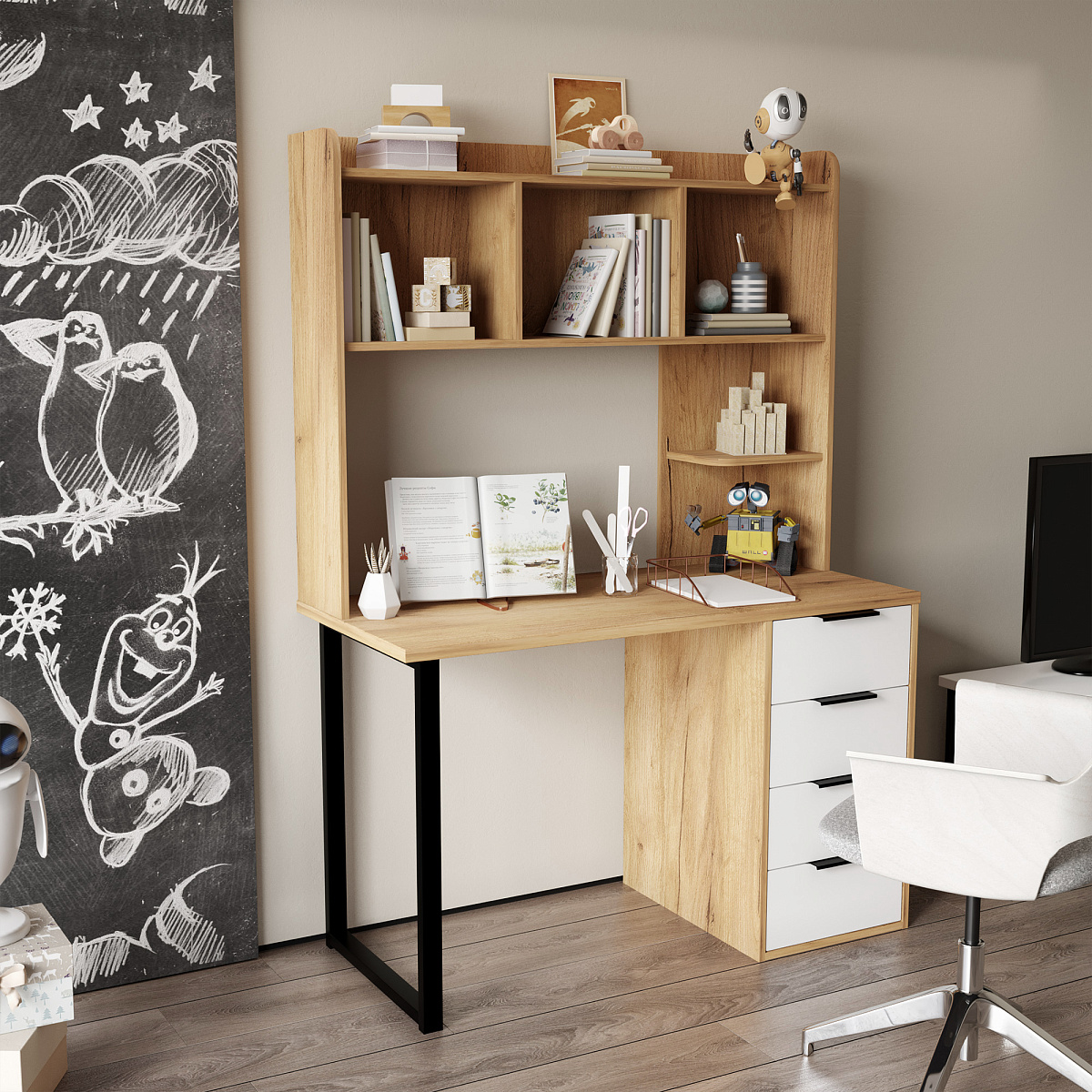 Стол письменный с полкой П-101400 дуб крафт золотой/меренга