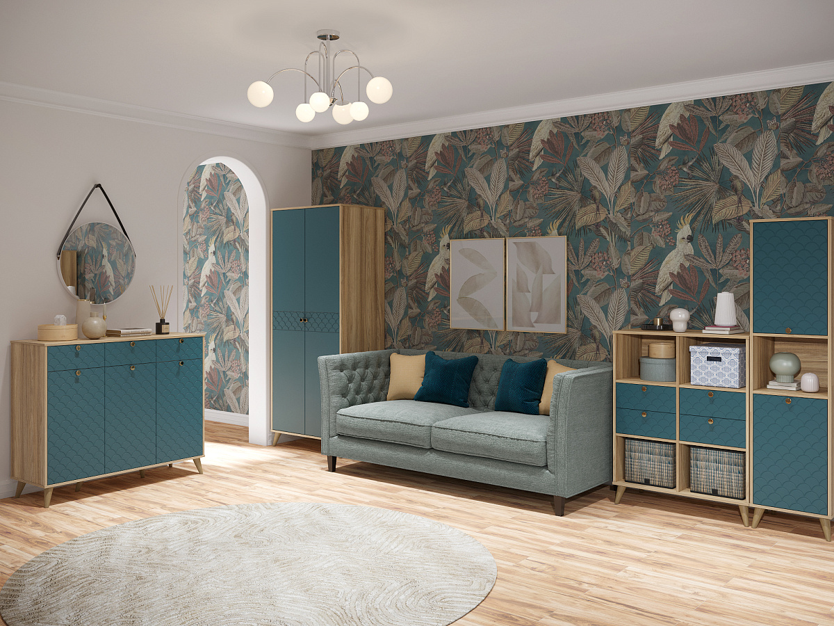 Комплект мебели для гостиной Велламо ВО-105 блэквуд ячменный/морская волна