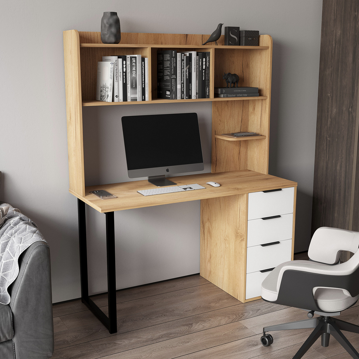 Стол письменный с полкой П-102402 дуб крафт золотой/меренга