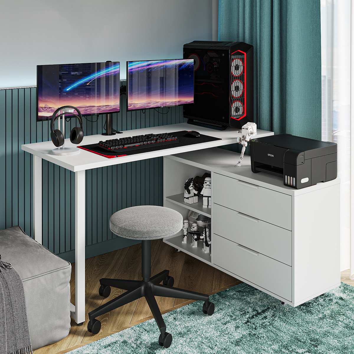 Стол письменный с тумбой С-60051 белый структурный/меренга/каркас белый