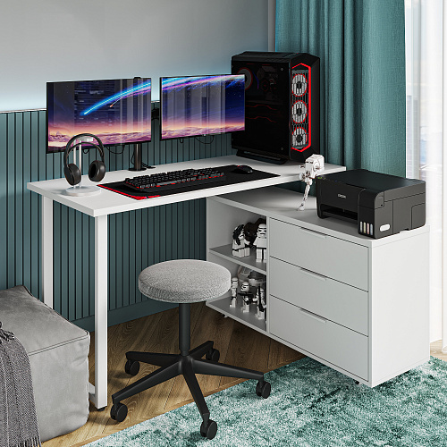 Стол письменный с тумбой С-60051 белый структурный/меренга/каркас белый