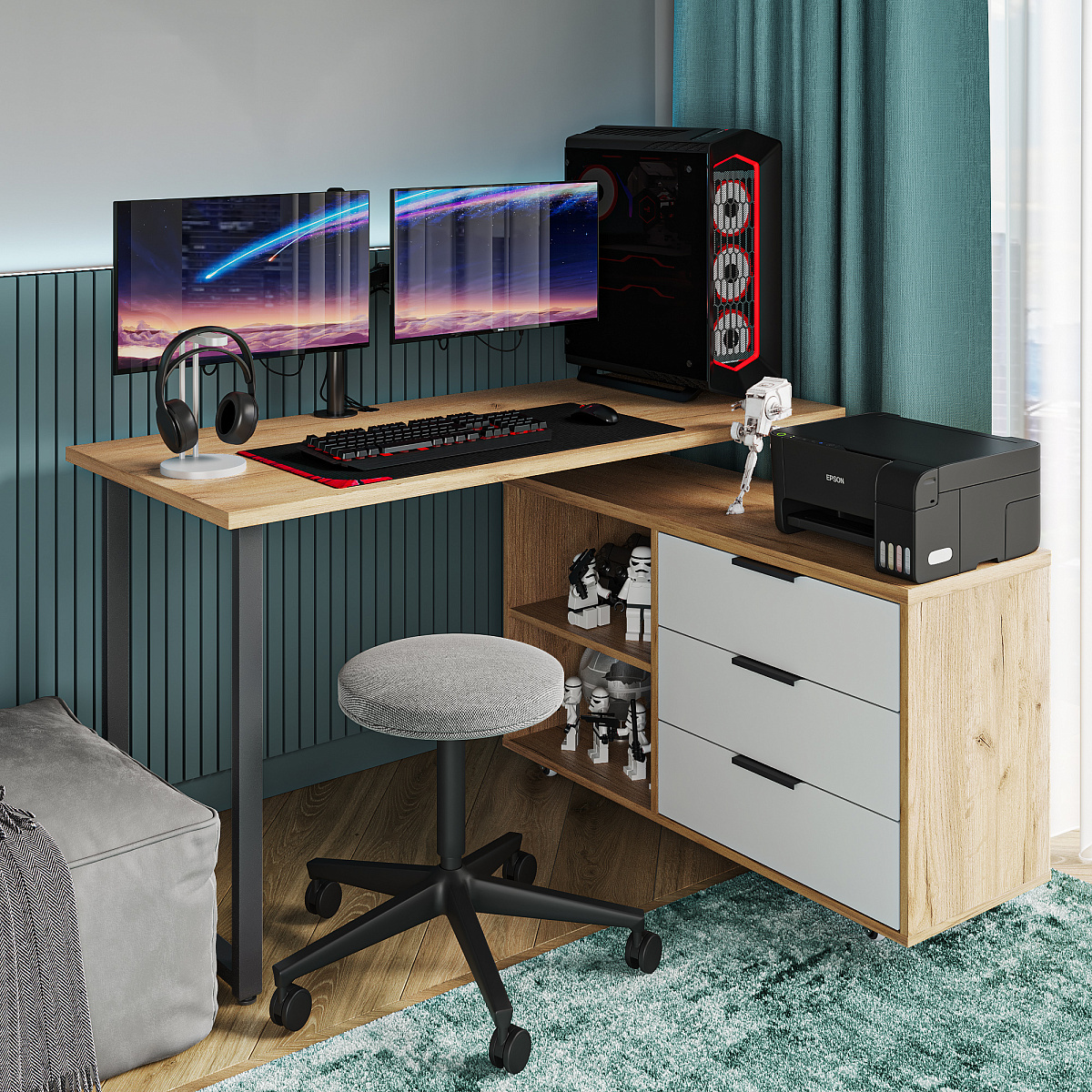 Стол письменный с тумбой С-60050 дуб крафт золотой/меренга/каркас черный