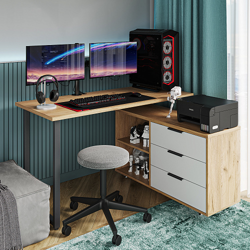 Стол письменный с тумбой С-60050 дуб крафт золотой/меренга/каркас черный