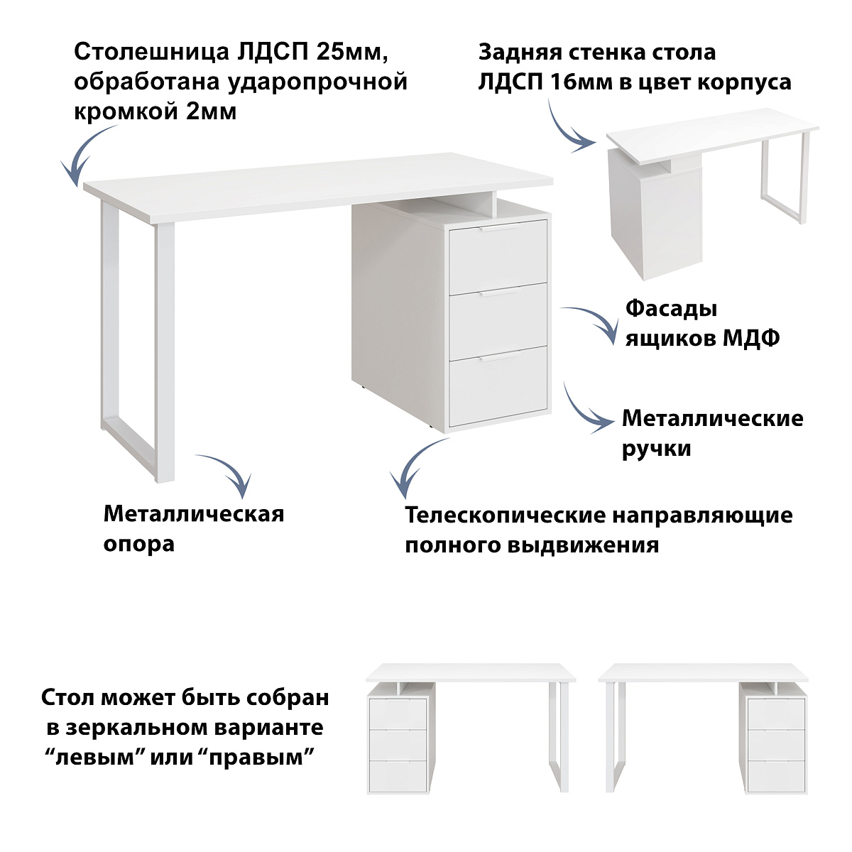Стол С-416 белый структурный/меренга (1350*600 белая опора)
