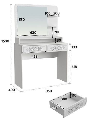 Туалетный столик с зеркалом Ассоль Лайт ТСН-3 белое дерево